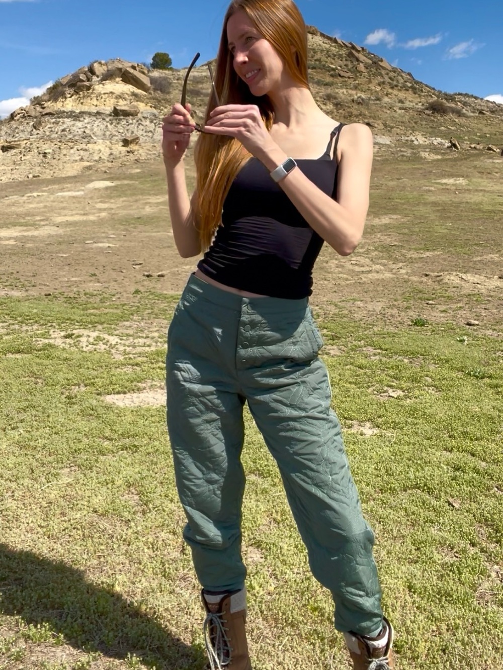 Quilted Olive Green High-Waist Pants